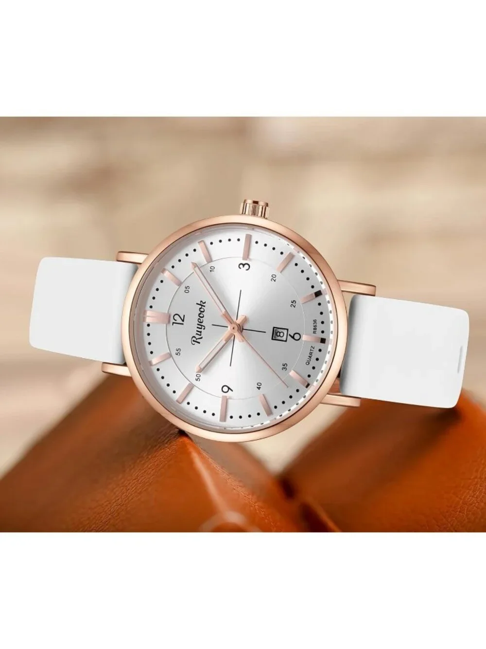 Women's White Rose Gold Analog Quartz Silicone Band Calendar Date Display Watch